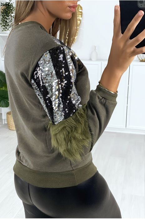Sweat kaki pailleté au buste avec fourrure synthétique aux manches - 4