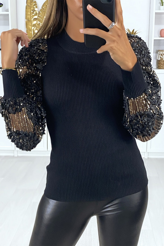 Black ribbed knit sweater with sequined lace puff sleeves - 3