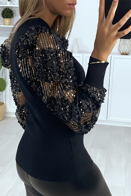 Black ribbed knit sweater with sequined lace puff sleeves - 4
