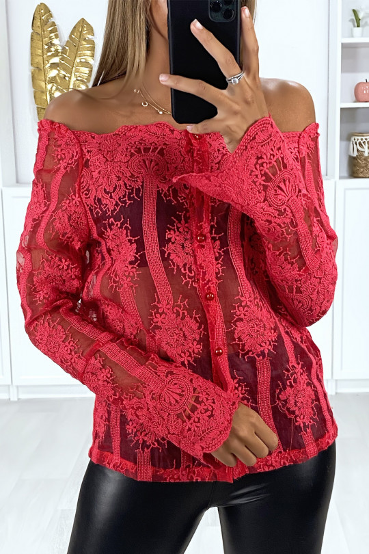 Red lace blouse with boat neck buttoned front - 1