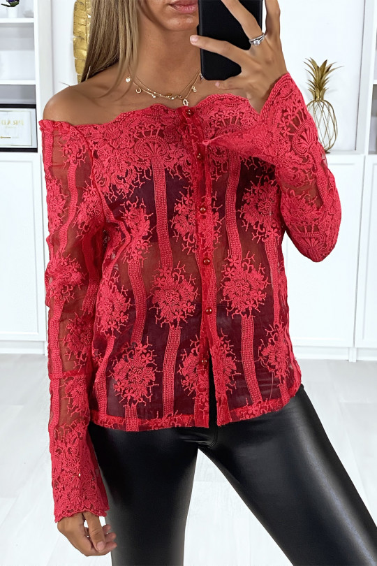 Red lace blouse with boat neck buttoned front - 2