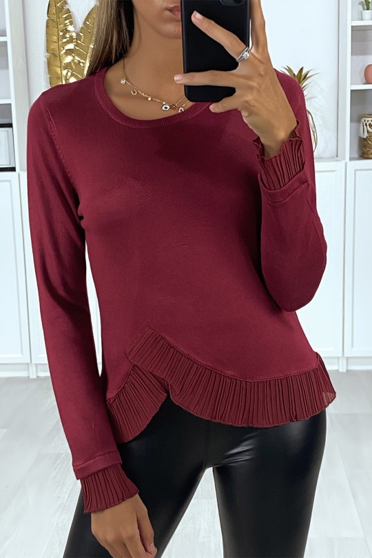 Zeer rekbare bordeauxrode sweater met gekruiste plooien bij de taille en mouwen - 2