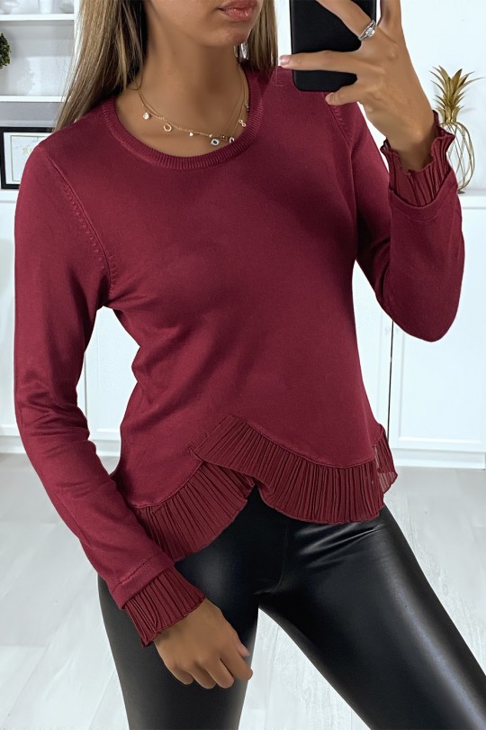 Very stretchy burgundy sweater with crossed pleats at the waist and sleeves - 3