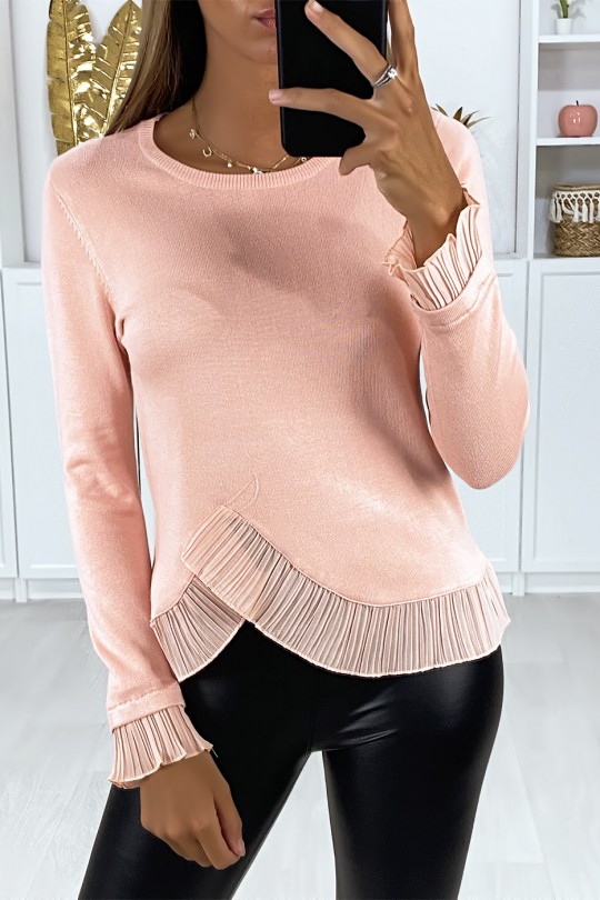Zeer rekbare roze sweater met gekruiste plooien in de taille en mouwen - 2