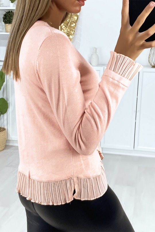 Very stretchy pink sweater with crossed pleats at the waist and sleeves - 4