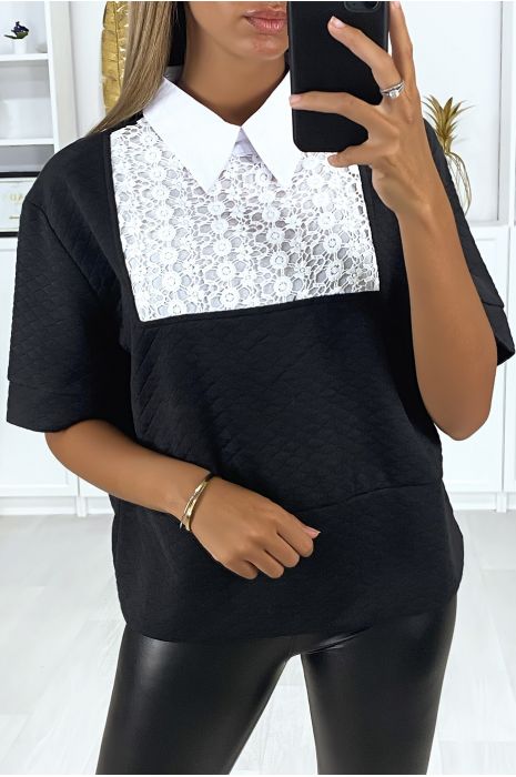 Blouse noir matelassé avec dentelle au buste et col chemise - 2