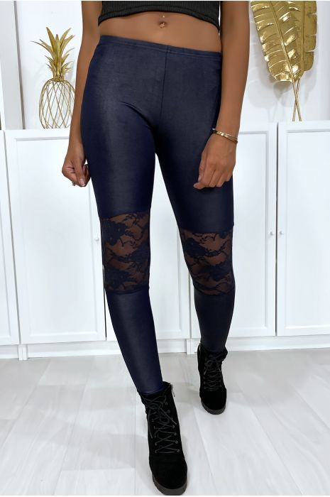 Leggings marine matière brillante et extensible avec dentelles aux genoux - 3