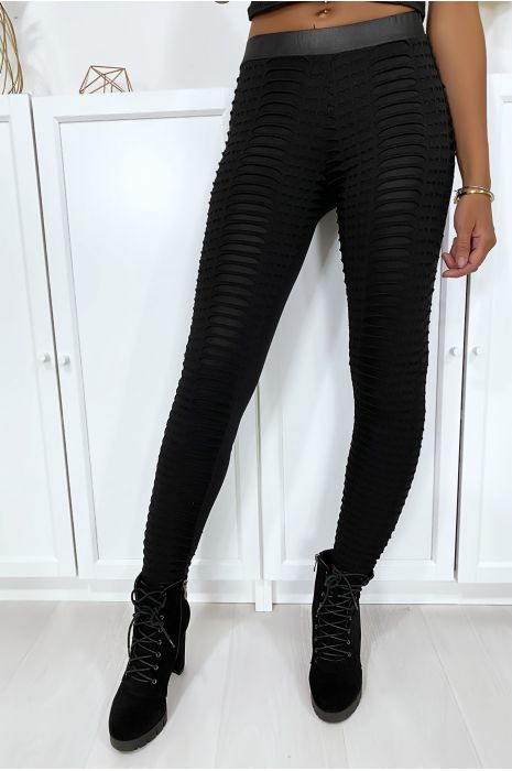 Transparante zwarte jacquard leBging aan de voorkant en kunstleer aan de achterkant - 1