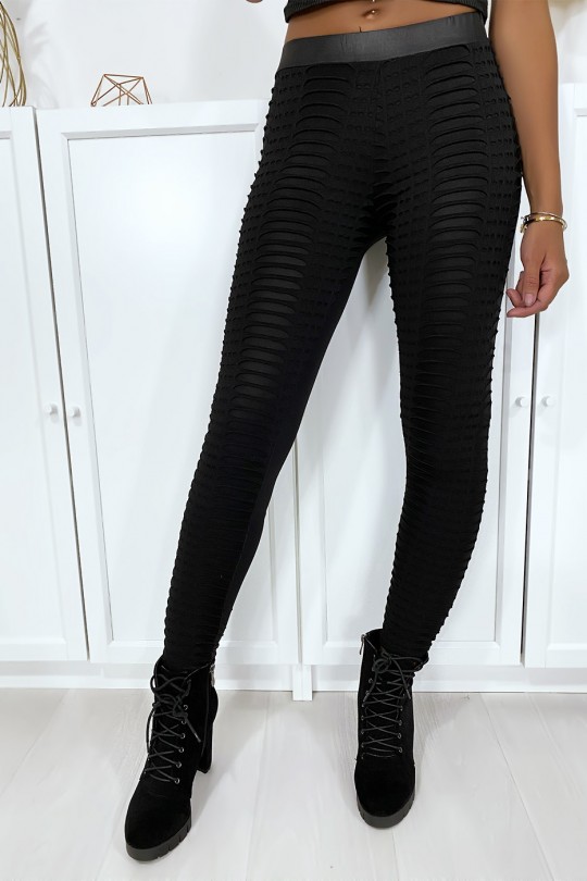 Black jacquard leggings transparent at the front and faux leather at the back - 1