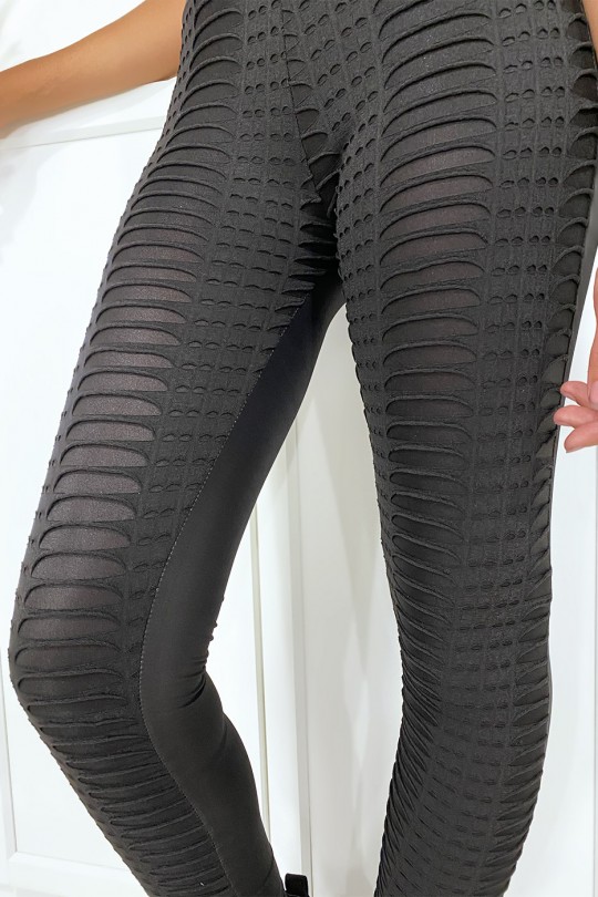 Black jacquard leggings transparent at the front and faux leather at the back - 4