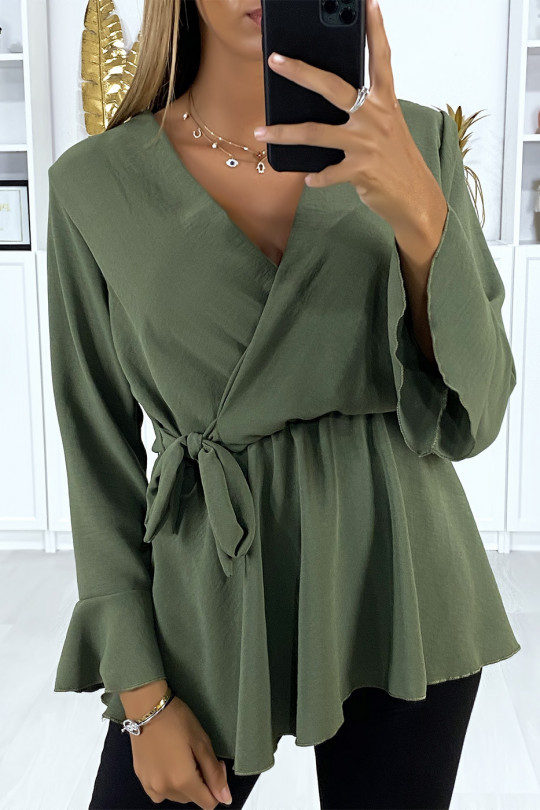 Khaki wrap blouse with bow and flounce on the sleeves - 1