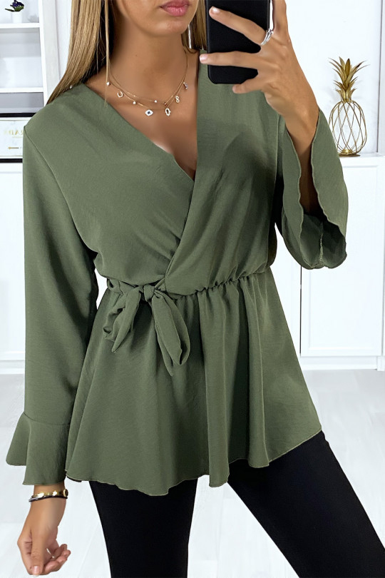 Khaki wrap blouse with bow and flounce on the sleeves - 2