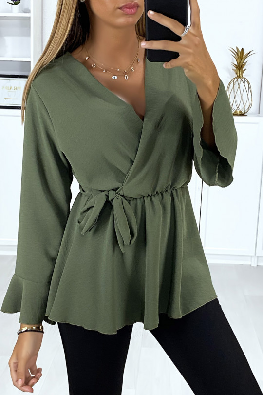Khaki wrap blouse with bow and flounce on the sleeves - 3