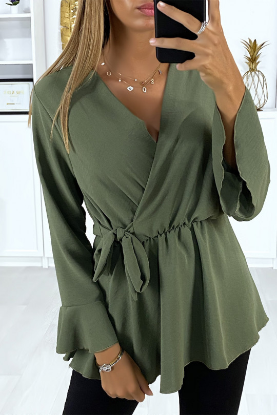 Khaki wrap blouse with bow and flounce on the sleeves - 4