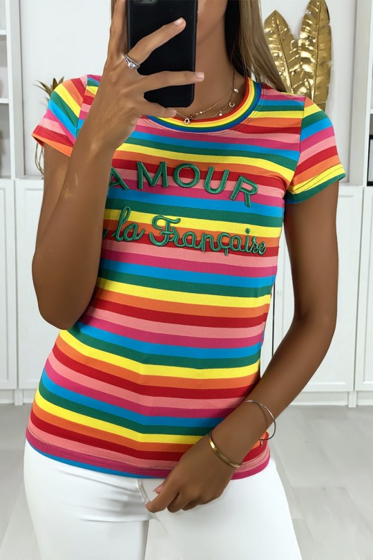 Veelkleurig TeMV-shirt met geborduurd AMOUR-schrift in Franse stijl - 2