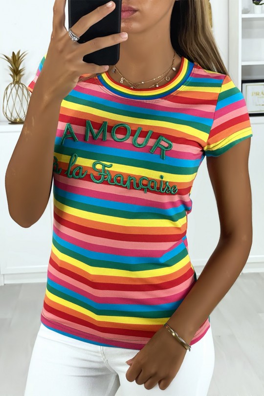 Veelkleurig TeMV-shirt met geborduurd AMOUR-schrift in Franse stijl - 3