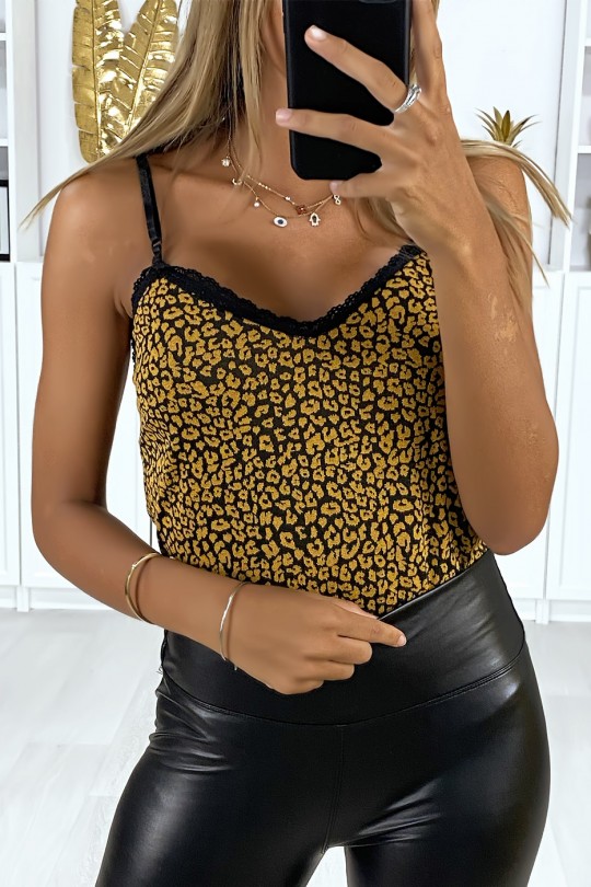 Mustard leopard pattern bodysuit with lace and removable strap - 2