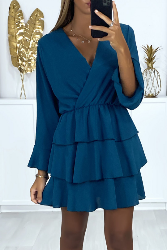 Long-sleeved wrap-over duck wrap dress with flounce at the bottom - 1