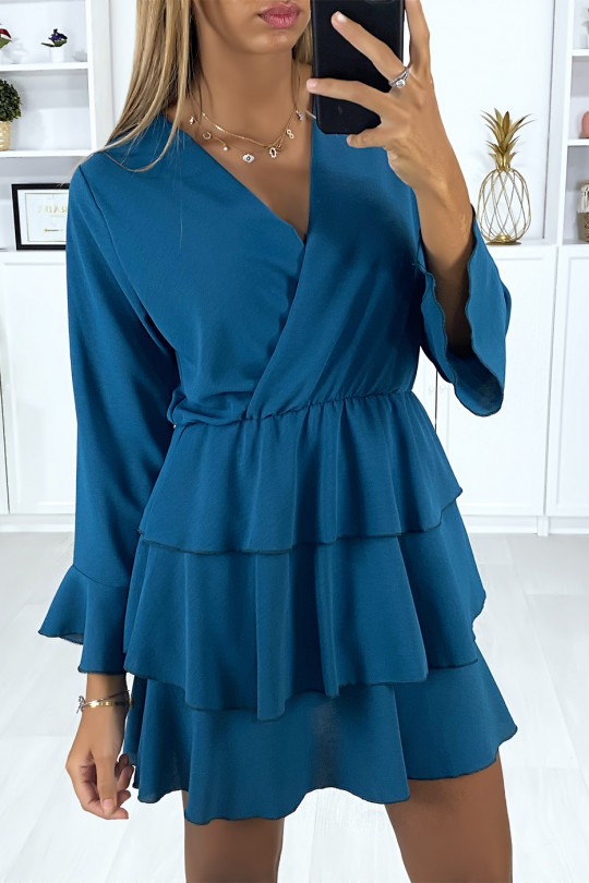 Long-sleeved wrap-over duck wrap dress with flounce at the bottom - 3