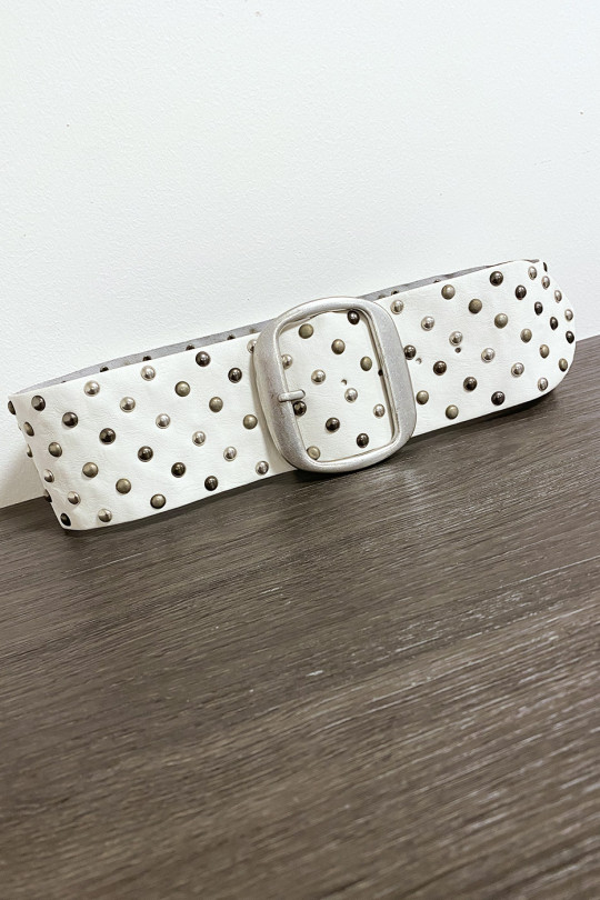 Studded white faux leather belt with silver buckle - 2
