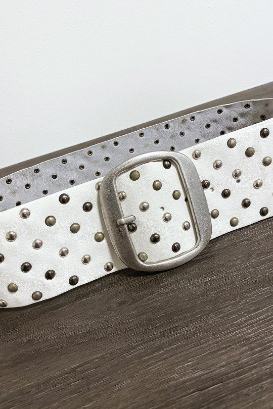 Studded white faux leather belt with silver buckle - 5