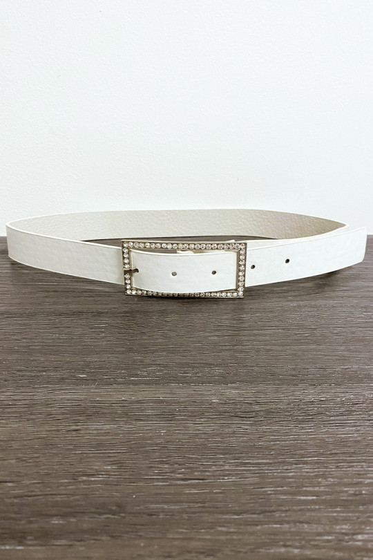 White faux leather belt with rectangular buckle decorated with rhinestones - 1