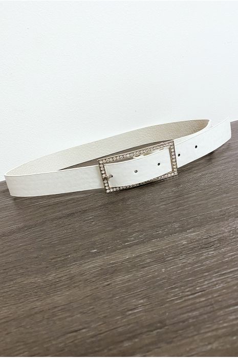 Witte faux lederen riem met rechthoekige gesp versierd met strass steentjes - 3