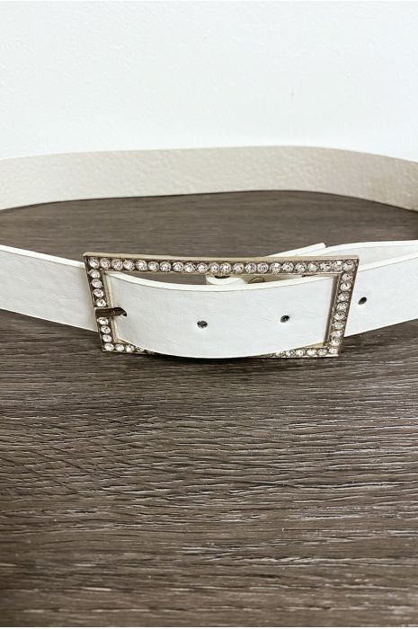 White faux leather belt with rectangular buckle decorated with rhinestones - 4