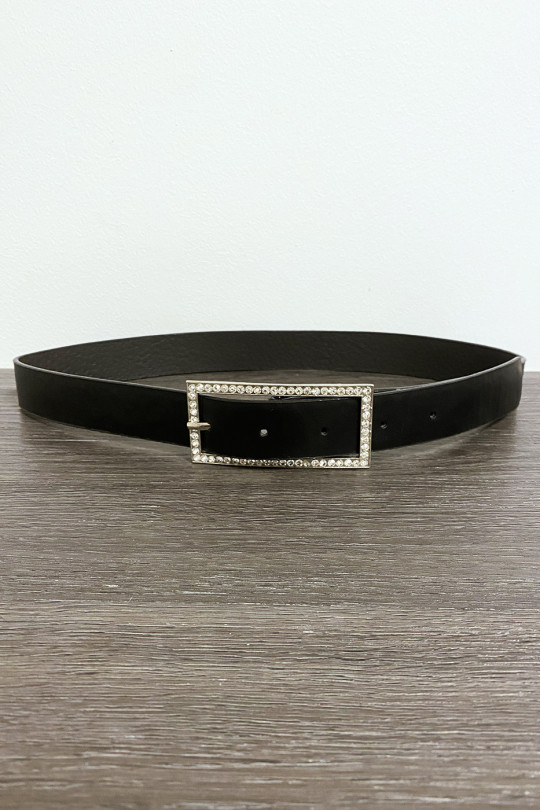 Black faux leather belt with rectangular buckle decorated with rhinestones - 1
