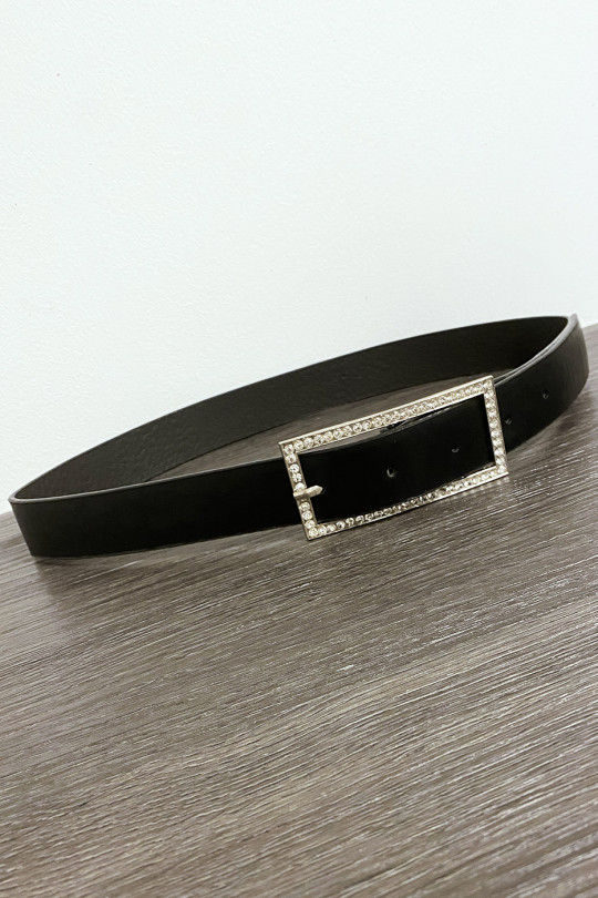 Black faux leather belt with rectangular buckle decorated with rhinestones - 2