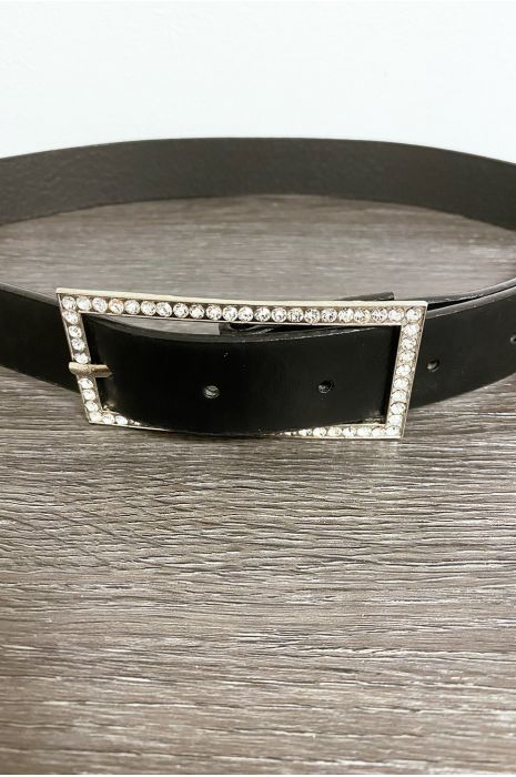 Black faux leather belt with rectangular buckle decorated with rhinestones - 3