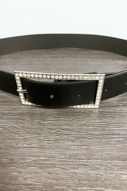 Black faux leather belt with rectangular buckle decorated with rhinestones - 3