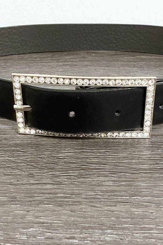 Black faux leather belt with rectangular buckle decorated with rhinestones - 4