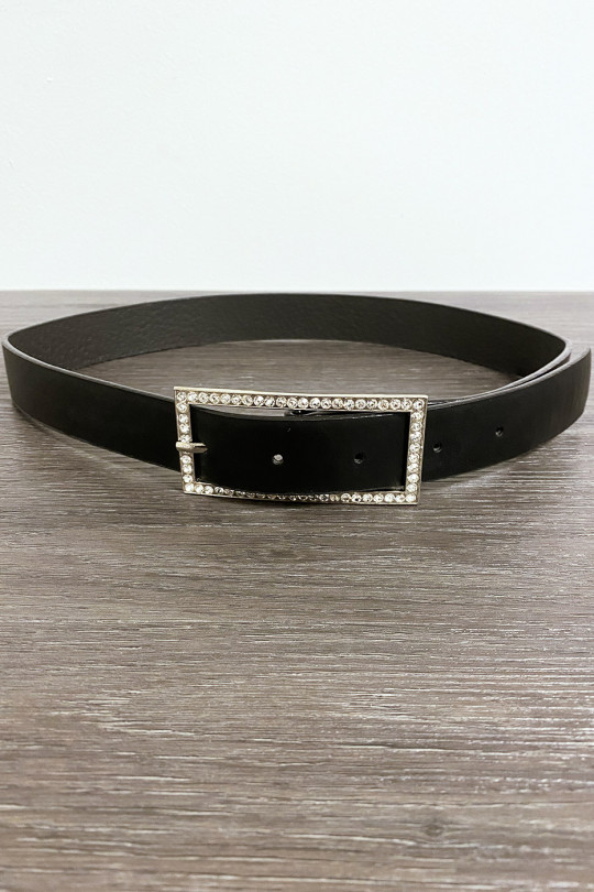 Black faux leather belt with rectangular buckle decorated with rhinestones - 5