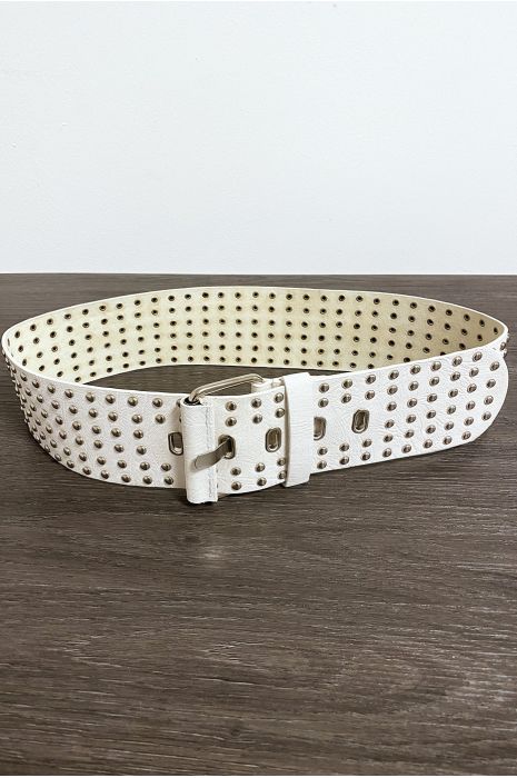 Grote beige riem met gouden strass steentjes - 4