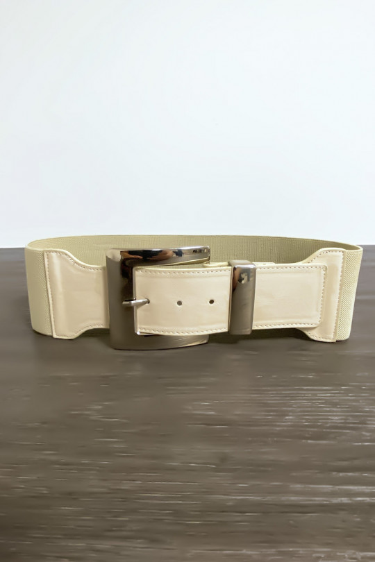 Grosse ceinture beige avec boucle argenté et élastique à la taille - 4