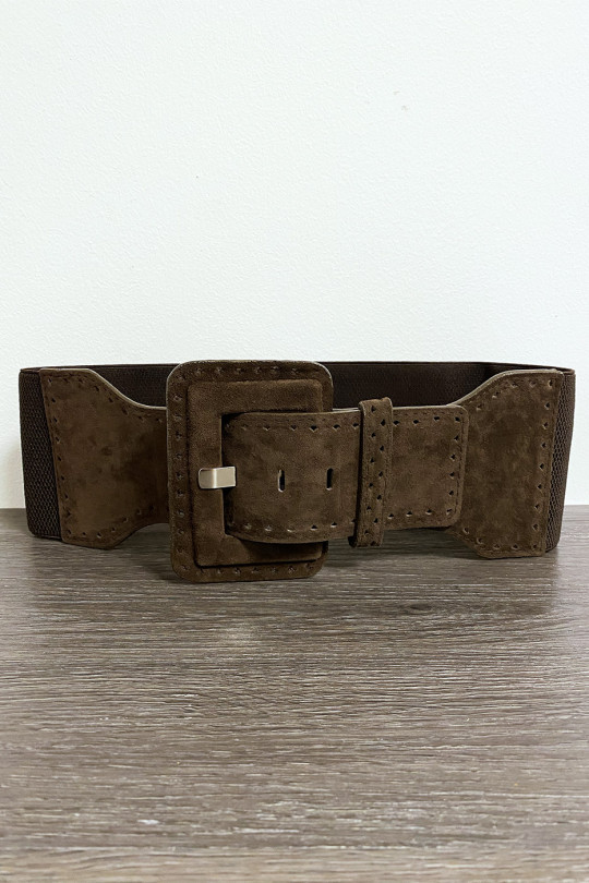 Grosse ceinture en suédine marron avec élastique à la taille - 1