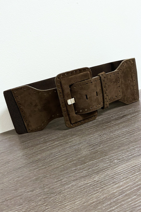 Large brown suede belt with elastic at the waist - 3