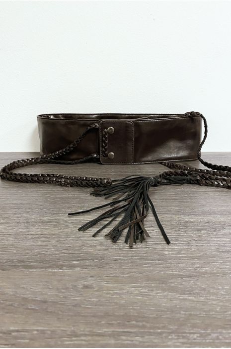Bruine imitatieleren riem met vlecht - 1