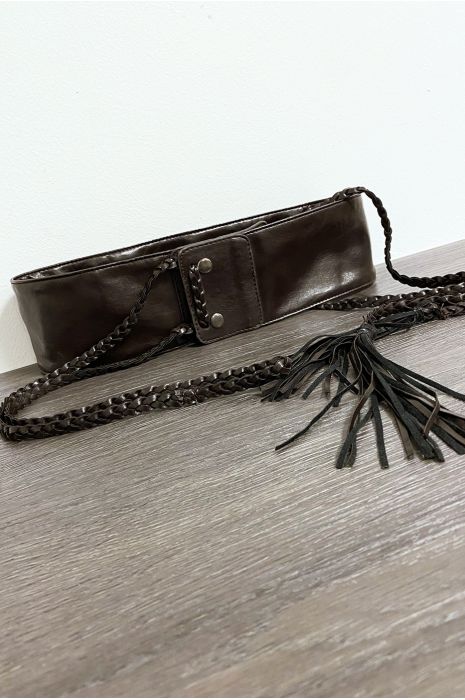 Bruine imitatieleren riem met vlecht - 2