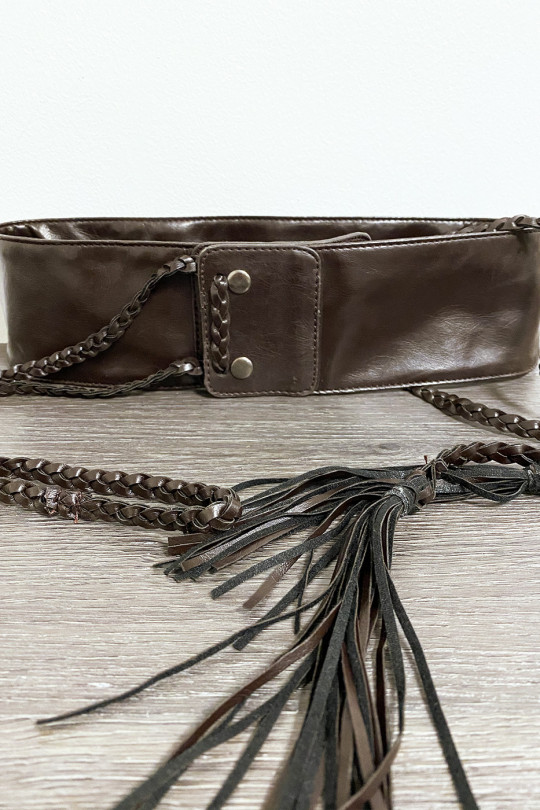 Brown faux leather belt with braid - 3