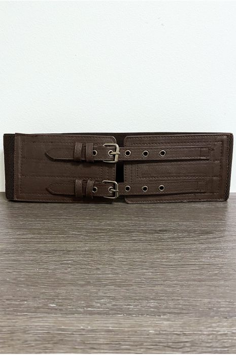 Grote bruine riem met twee ringen en elastiek in de taille - 1