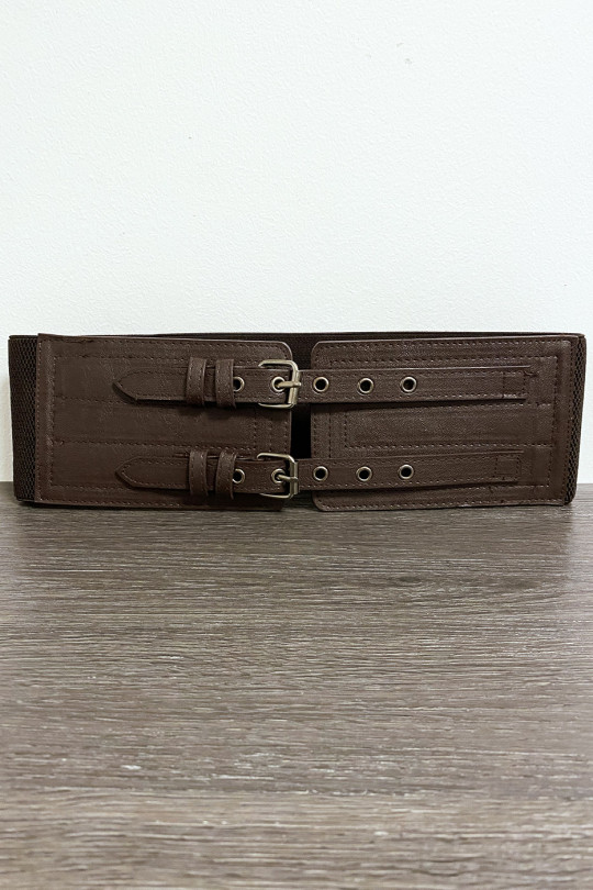 Grosse ceinture marron avec deux anneaux et élastique à la taille - 1