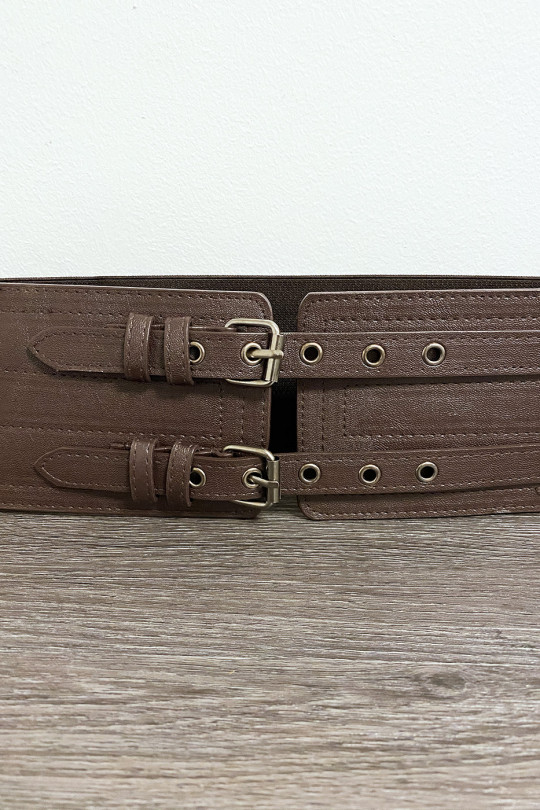 Grosse ceinture marron avec deux anneaux et élastique à la taille - 2