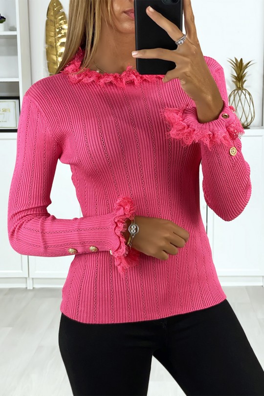 Fuchsia ribbed knit sweater with lace and buttoned sleeves - 1