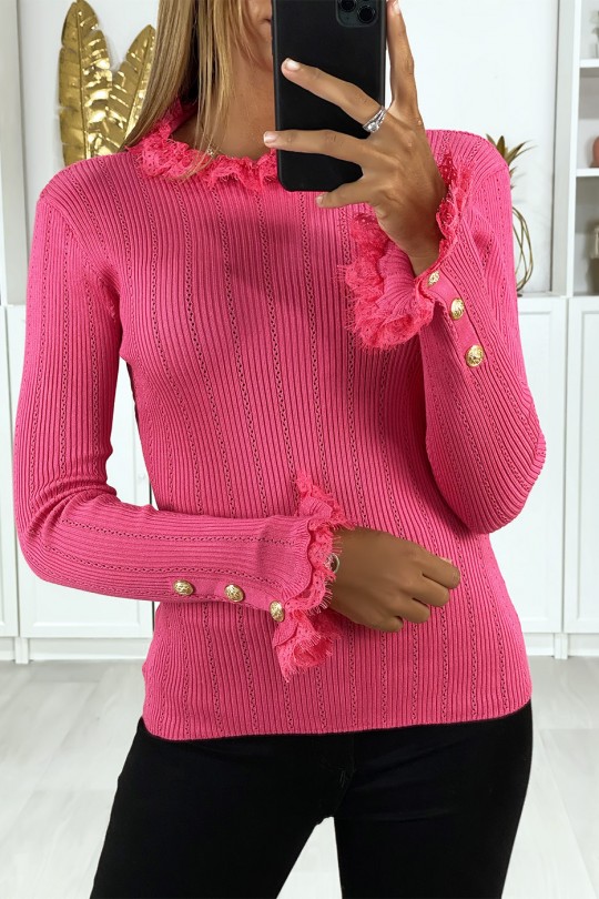 Fuchsia ribbed knit sweater with lace and buttoned sleeves - 2