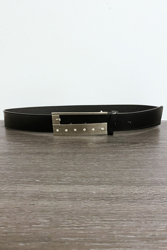 Black faux leather belt with rhinestones on the buckle - 1