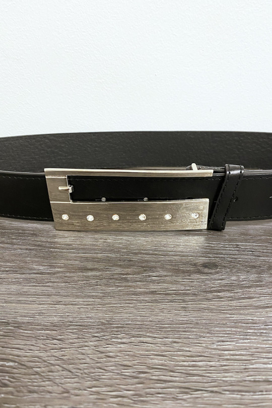 Black faux leather belt with rhinestones on the buckle - 2