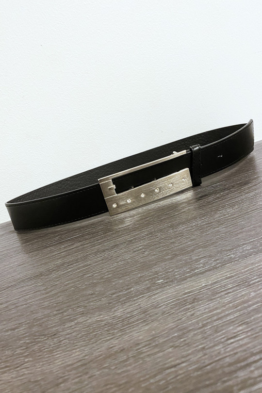 Black faux leather belt with rhinestones on the buckle - 3