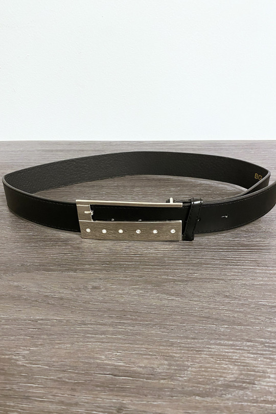 Black faux leather belt with rhinestones on the buckle - 4